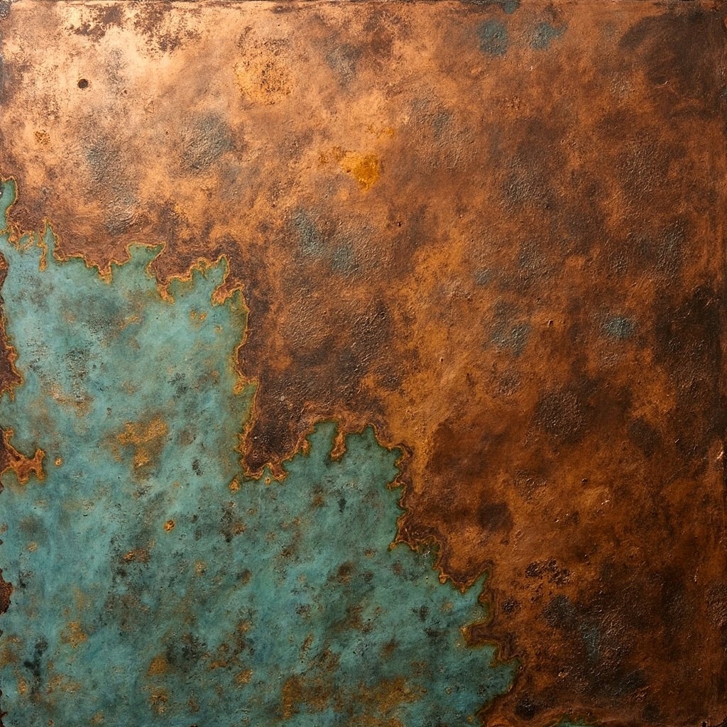 Oxidized copper patina on warm paper tones